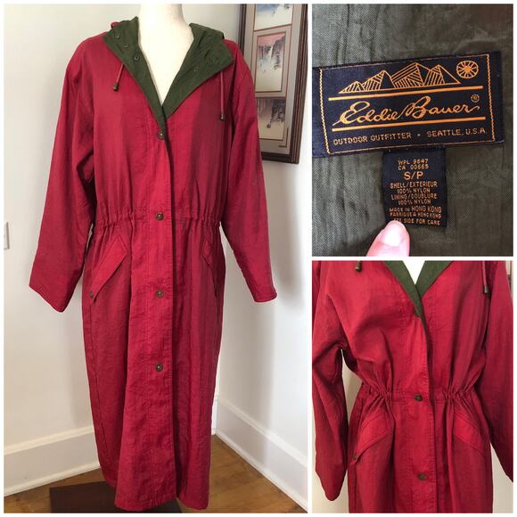 VTG Eddie Bauer Long Hooded Raincoat SP Red Green Nylon 90s Gorpcore Preppy - Picture 1 of 14